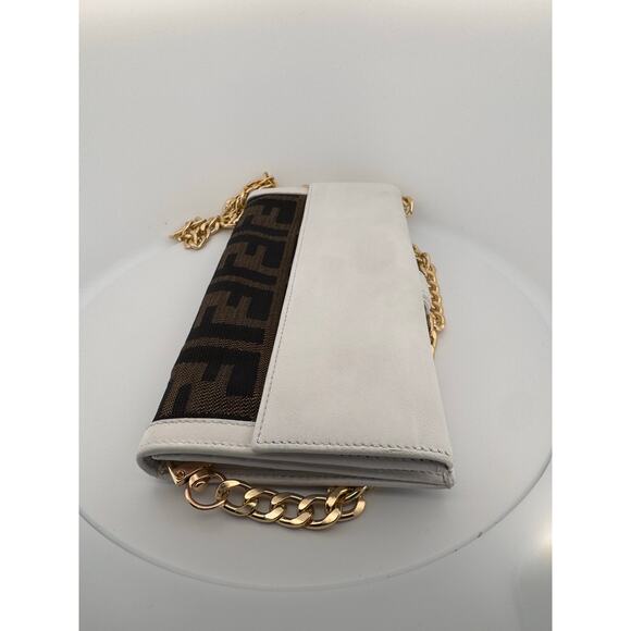 Fendi Zucca Canvas and White Leather Wallet Crossbody with Gold Chain - Picture 3 of 5